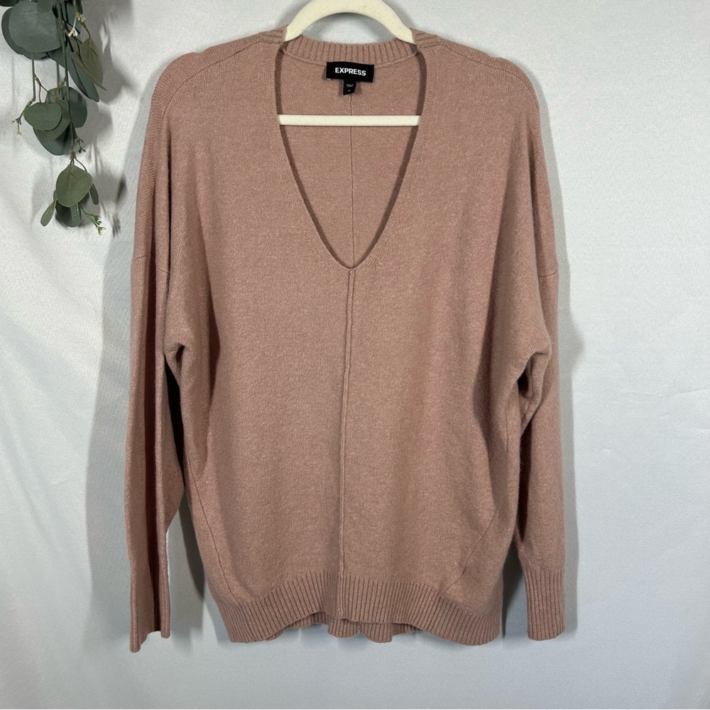 Express | Oversized V Neck Light Pink Sweater Soft Wool Blend Womens Size Medium